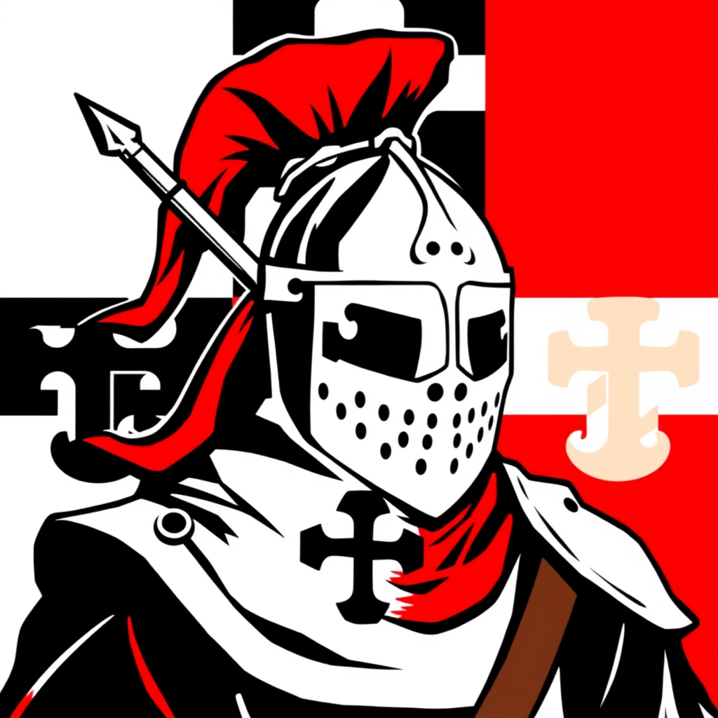 A knight of the Teutonic Order in black, white, and red colors, the background in black, white, and red colors.