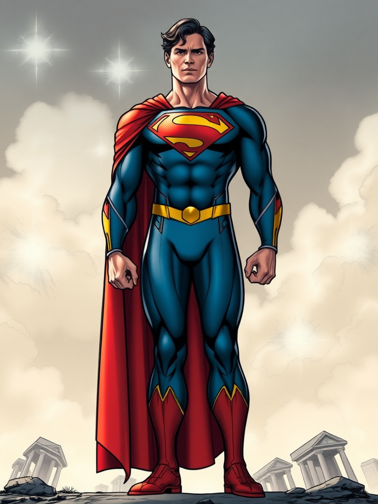 Generate a full-length image of Superman with the body traits of Atom Eve from the Invincible comic. Modify Superman's body shape to match Atom Eve's physique. Keep Superman's core costume but incorporate embellishments and elements from Atom Eve's design. The background should be an appropriate setting that suits both characters.