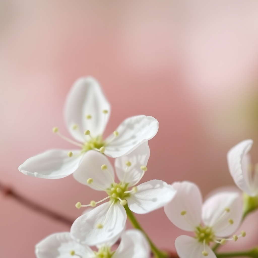 Delicate close-up of white flowers with soft green stamens, showcasing intricate details of petals and pollen. The background features a dreamy blurred gradient in shades of soft pink and muted green, enhancing the ethereal quality of the scene. The image captures a serene, hyperrealistic aesthetic, emphasizing the fragile beauty of nature and the intricate textures of the blossoms, creating a tranquil and inviting atmosphere.