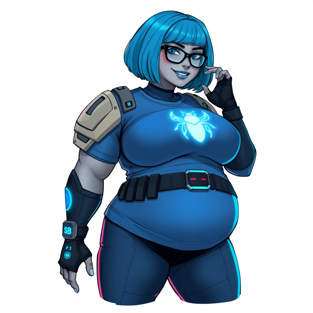 A 28-year-old, full-figured, metallic middle gray skinned, computer program hybrid with a maximum blue bob cut. She has a non-athletic, full-figured build, highlighted by a prominent, round, large midsection (with full emphasis on her large belly). As the full-figured, nerdy, digital sidekick to her cyberpunk vigilante boyfriend, her metallic middle gray skin and maximum blue lipstick emphasize her digital nature. She wears a digital, computerized costume inspired by DC’s Carrie Kelly Robin, consisting of a huge, tight-fitting, maximum blue t-shirt with a neon blue glowing chest icon of a beetle, hi-tech shoulder pads with neon blue accents, a black hi-tech belt with a digital neon blue glowing buckle, digital maximum blue pants with neon blue accents, and black hi-tech fingerless biker gloves with neon blue glowing accents. Her bright blue eyes, black eyeglasses with glowing neon blue lenses with a built-in HUD, and shy smile with neon red blush accentuate her nerdiness. She stands bashfully with one hand behind her back and the other hand gently touching her cheek, her costume covering all her skin and emphasizing her full-figured physique (especially her belly). She is clearly non-athletic, with a heavy focus on her large belly. Despite her build, she radiates beauty. She has a slim face compared to her physique, accentuating her radiant beauty. She is on a solid white background. She is drawn as if she were in a retro 2D cyberpunk fighting game.