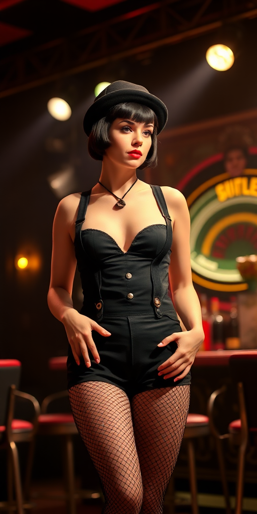 a sally bowles type character on stage in a cabaret type stage show - wearing a bowler hat, a basque and fishnet stockings and suspenders - she has a short boyish haircut full height - she is lit by a spotlight - the backdrop is a 1930s art-deco bar scene