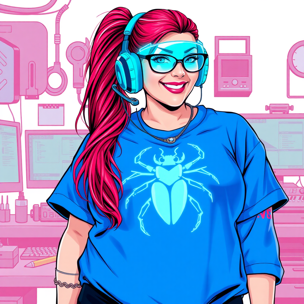 A cyberpunk vigilante’s full-figured intelligent and tech-savvy 29-year-old girlfriend, who is a computer hacker and tech genius. She has a long ruby red ponytail and bright blue eyes. She wears a sapphire beetle gemstone necklace, and an oversized maximum blue t-shirt featuring a giant neon blue glowing icon of a beetle on its chest. She has a full-figured physique with a prominently, gargantuan, well-rounded midsection, reflecting her well-cared-for lifestyle. She sports a sapphire headset with hi-tech maximum turquoise lensed HUD visor, black eyeglasses, and a beaming smile with a passionate bright red blush. Despite her figure and a lack of self-esteem, she radiates an air of beauty. She has a slim face which contributes to her radiant beauty. She serves as his tech expert from his hideout, diligently working at her workshop with a computer desk and tool bench. The background is solid white. She is drawn as if she was in a retro 2D cyberpunk fighting game. Ensure her shirt covers her midsection.