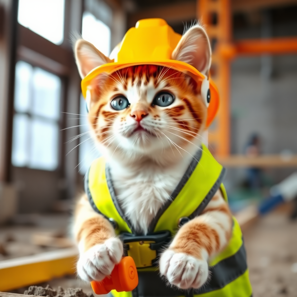 A cute cat wearing a hard hat is working at a construction site.