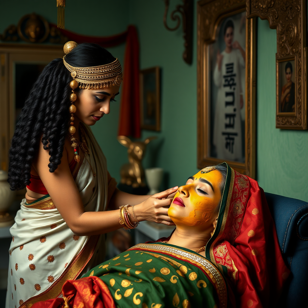 Cleopatra, working in a beauty parlour, giving turmeric facial to a rich, traditional Indian wife.