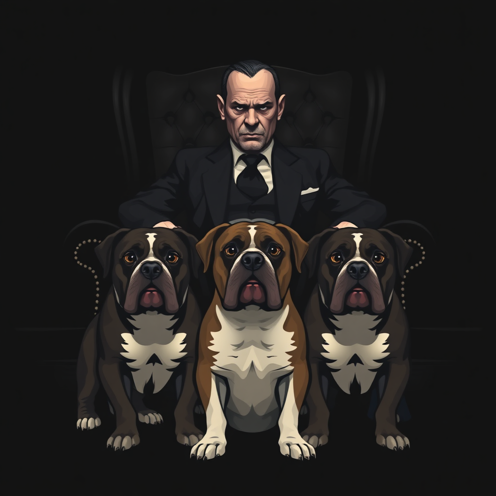 Simple seal design  
Two pit bulls are sitting at his feet. The mafia boss is glaring straight ahead. The mafia boss is sitting in a black, luxurious chair. The image has a dim atmosphere.