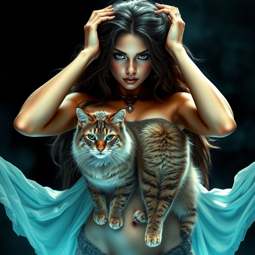 Imagine: Terrifying sorceress looking sexy and irresistible. Her body is preternaturally perfect. Staring directly into the eyes of the viewer. Arms up high. She has a brown Siberian Cat as a familiar.