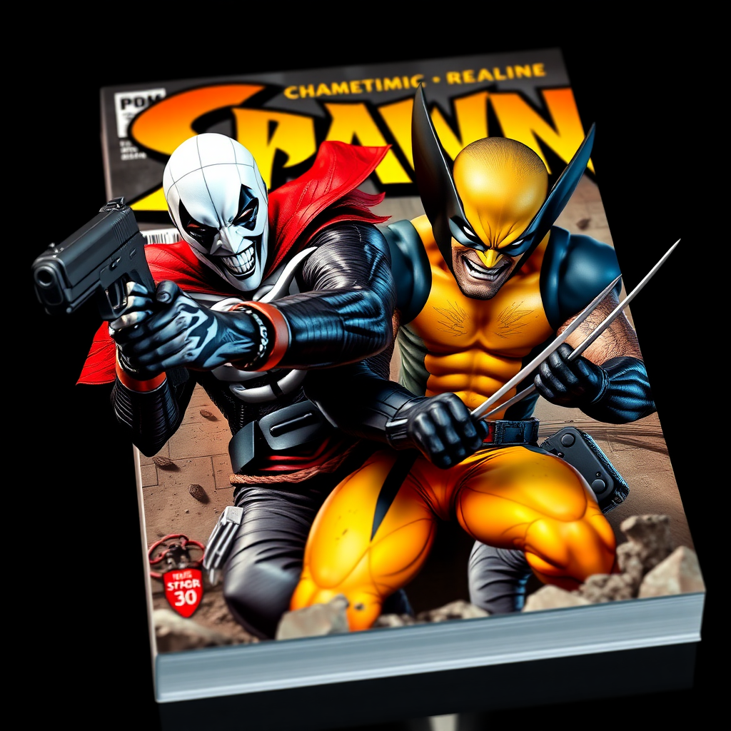 On a comic book cover is Spawn holding a gun Vs Wolverine in Cinematic Real3d photo-realistic quality.