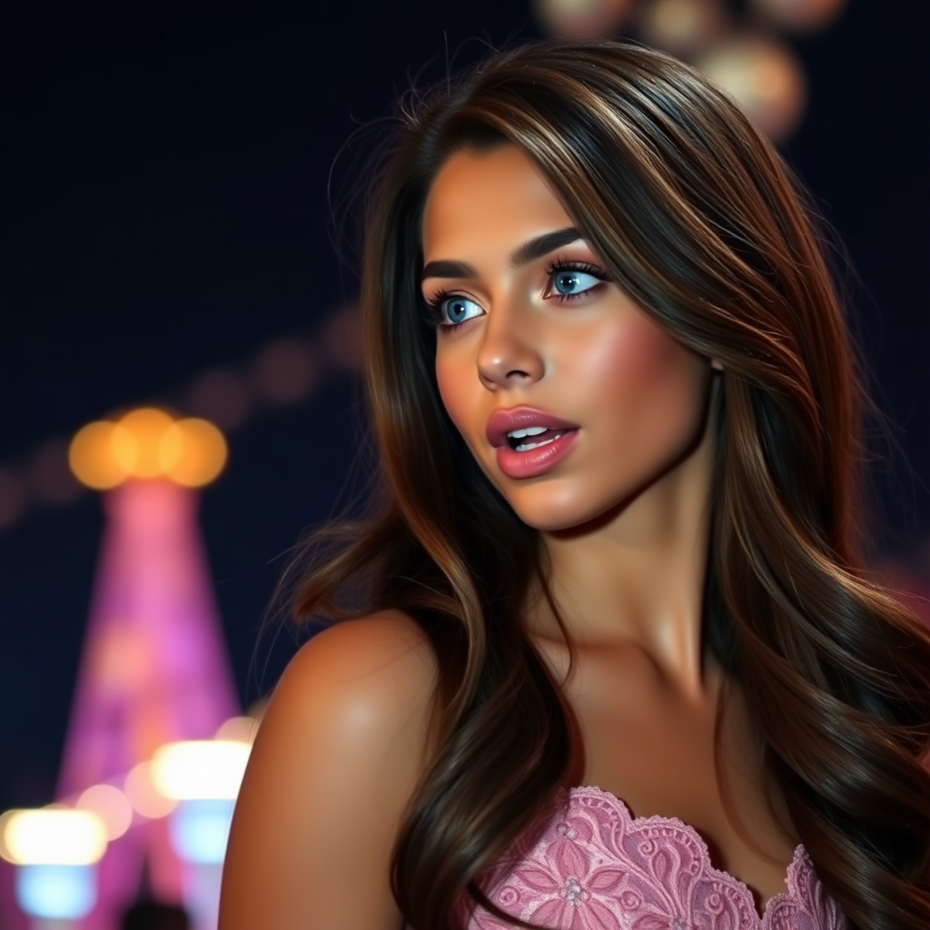 a young woman singing. long brunette hair with highlights, bright blue eyes. suntanned skin. small lips colored pale rose. looking to the side. wearing an elegant long rose dress with transparent lace. view from far. night sky in background. photo