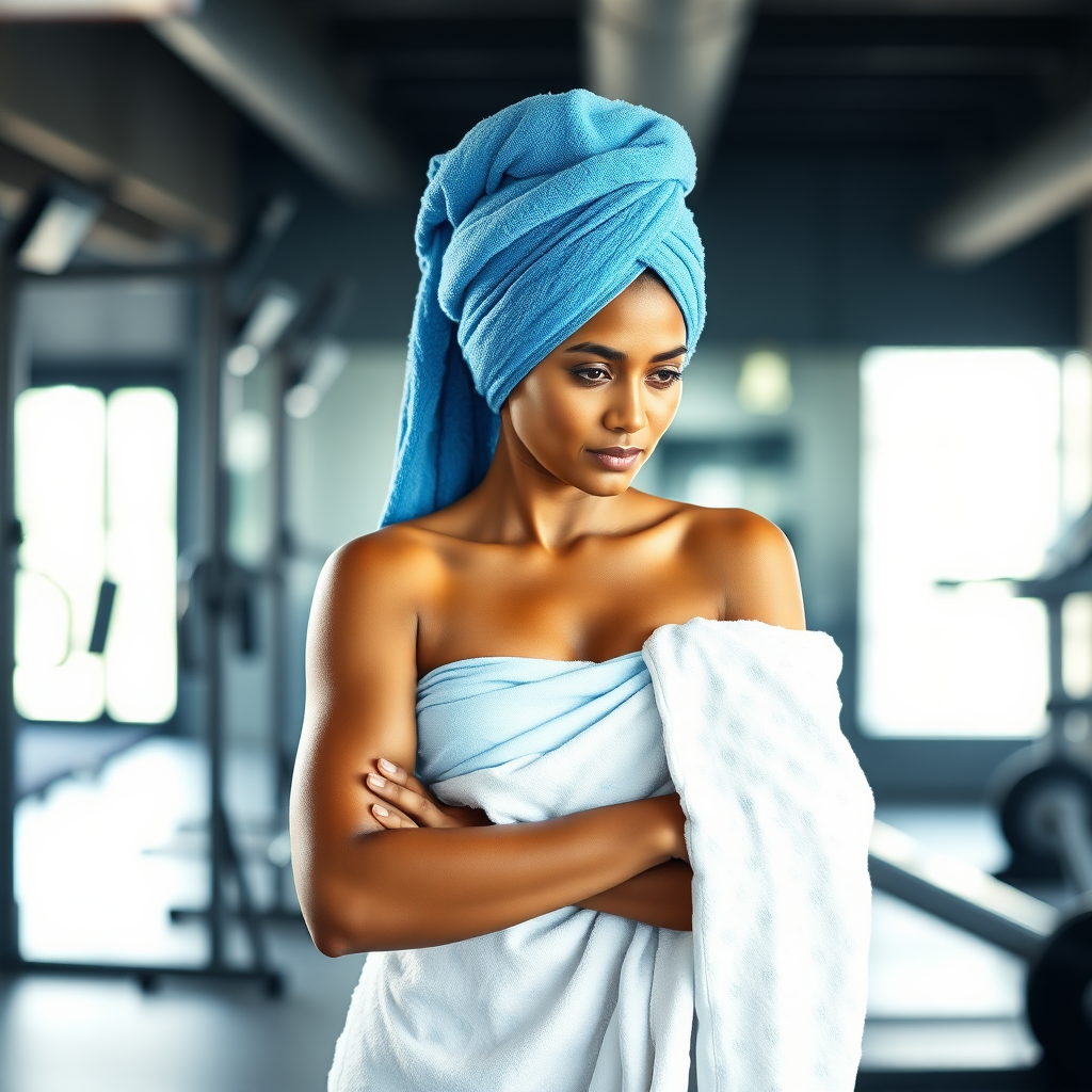 Indian housewife, wrapped in towel, standing in gym