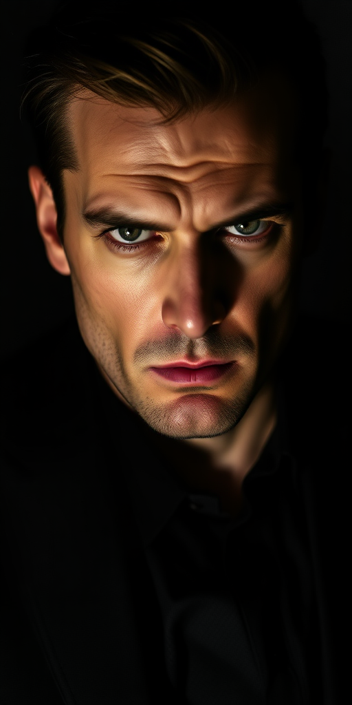 A clever-looking man with a piercing gaze, shown from the waist up, set against a dark, moody background. His face is partially illuminated by a soft, dramatic light, highlighting his sharp features and intense eyes. He wears a dark suit, his expression calculating and mysterious, as if he's deep in thought or planning something. The shadows around him add to the feeling of secrecy and intrigue, with a dark, almost noir atmosphere.