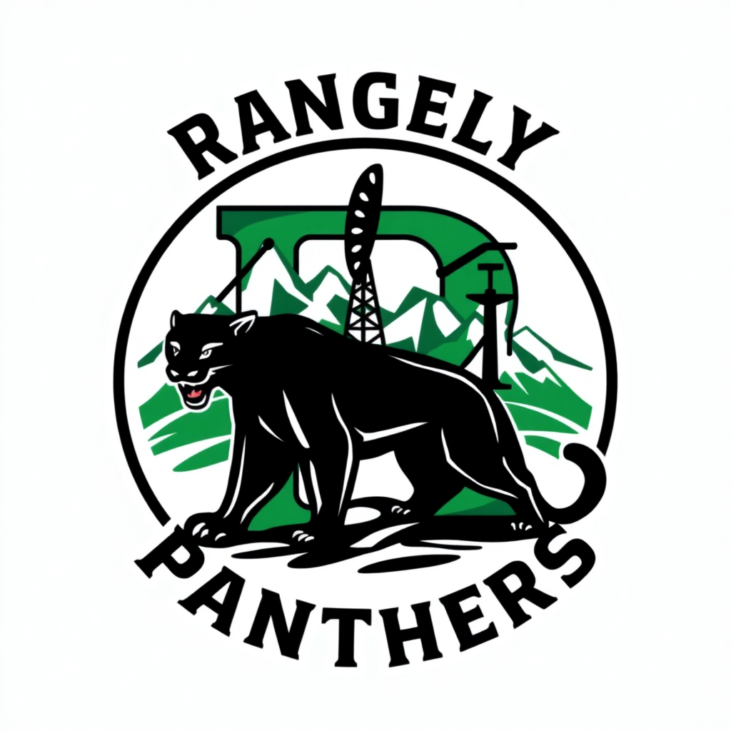 Generate a new logo for the Rangely Panthers in Colorado that includes the capital letter R, a black panther, foothills, and an oil pump. Make the R green.