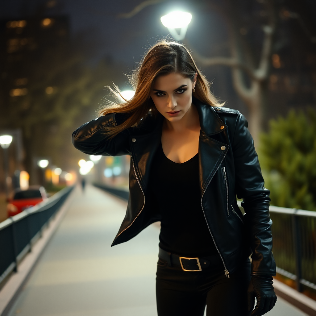 A beautiful angry female burglar in black leather jacket over black t-shirt with black pants and gloves in Manhattan park at night.