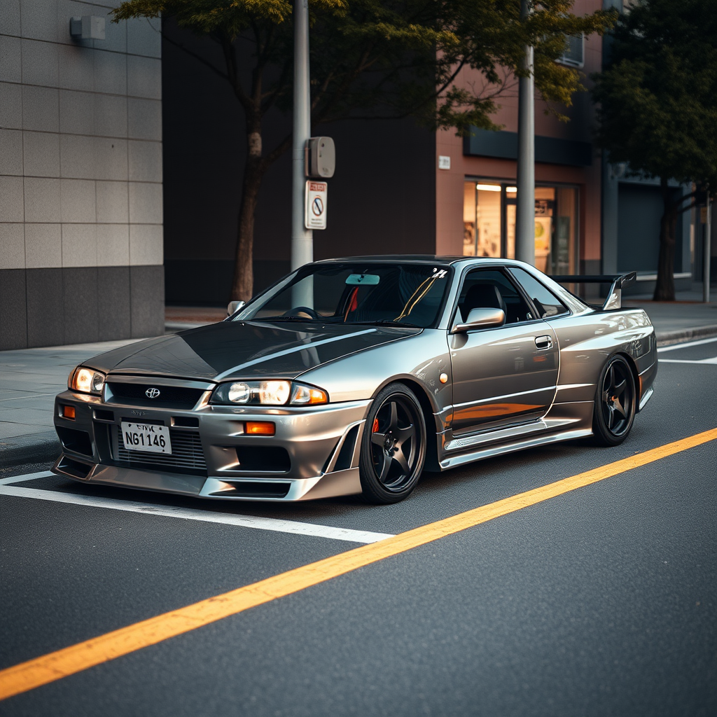 The car is parked on the side of the road, inspired by Taiyō Matsumoto, tumblr, restomod, nd4, c4 metallic shine gray black nissan skyline r34 tokyo arkaplan hatasız tam eksiksiz ayrıntılı genel gerçek detaylar en iyi fotoğraf poz sinematik hafif yağış su damlalar yansıma ıslak yol need for speed tarzı body kit