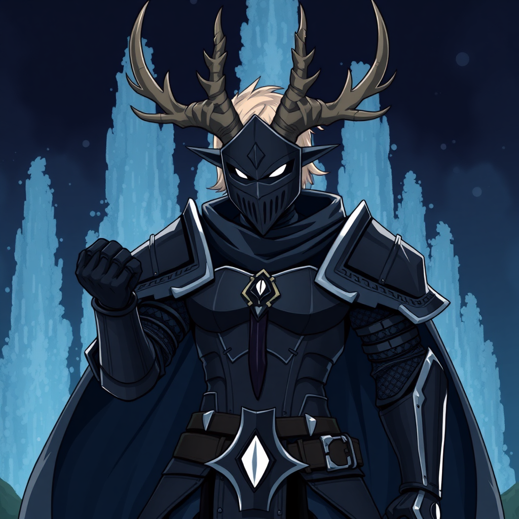 (Anime-pixel art) background of a massive dark blue-black-dark magic fountain erupting into the air, a fierce and violent knight stands poised for battle. She wears sleek, black knight armor, marked by a small white eye shaped symbol at its center, exuding an air of intimidation. Her face is obscured by a terrifying goat-like mask, with a single glowing white eye on the right, and another white eye symbol perched at the top of the mask, adding to her menacing presence.

The knight's imposing silhouette is accentuated by two large, dark-silver shoulder guards that gleam ominously in the darkness. Draped behind her is a flowing dark-blue cape that billows dramatically, hinting at her formidable power. Atop her head, two impressive deer antlers rise on each side of her head, further enhancing her fearsome appearance, while her short, tousled blonde hair peeks out from beneath the mask, and she is holding a black knife with dark magic meant to open dark fountains.

This is the Roaring Knight, known as Mayor Holiday from Deltarune, captured in a striking full-body view that highlights both her ferocity and enigmatic allure.