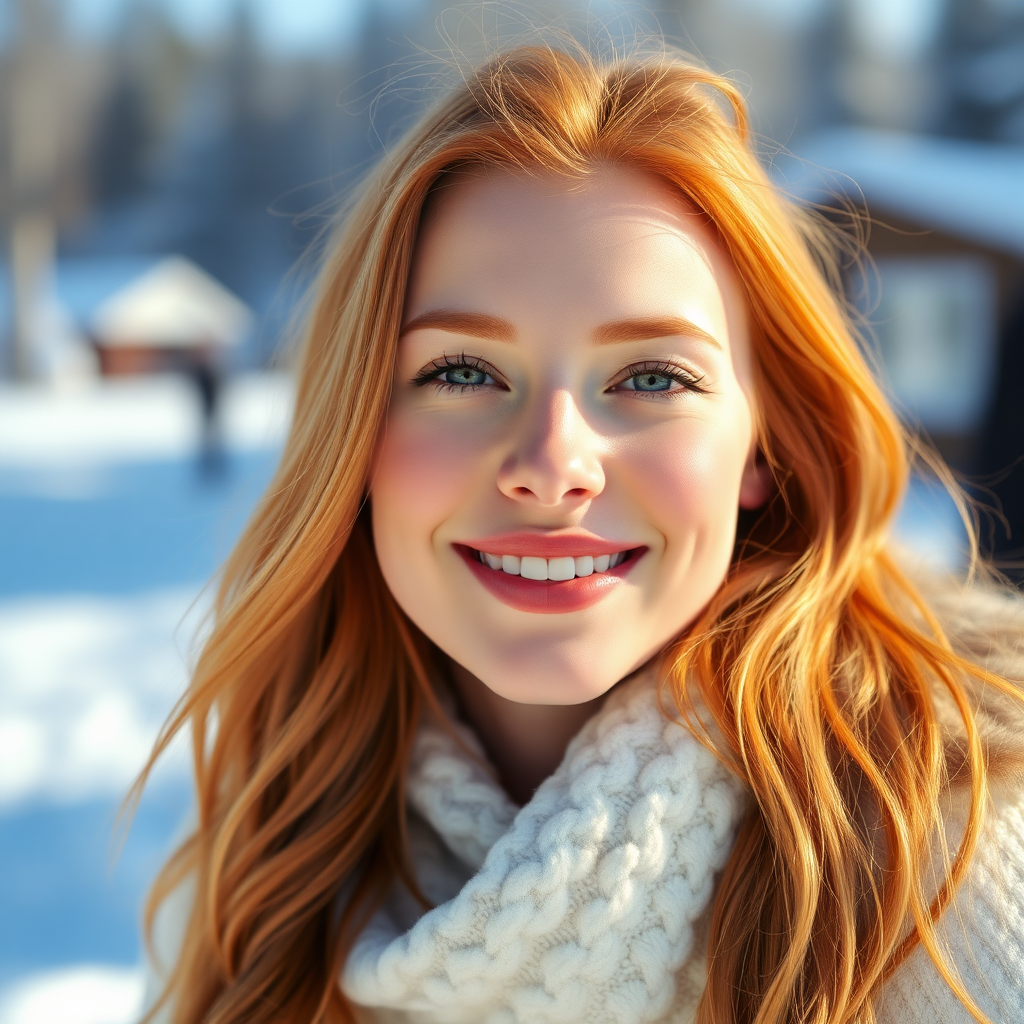 beautiful young woman with lush ginger cherry blonde long hair, full lips, on Alaska Anchorage happy in sunny snow