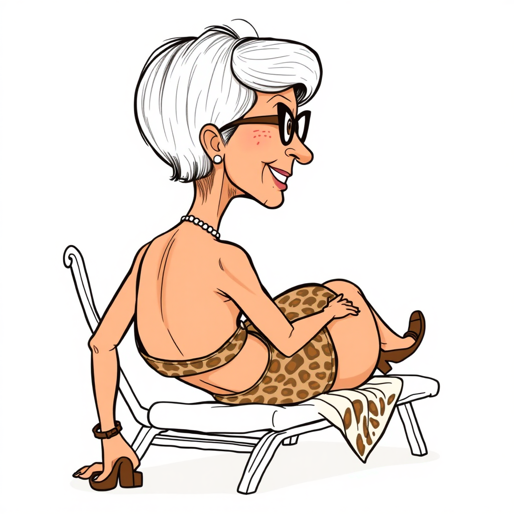 55 Years old, European, Latina, sharp aquiline nose, wrinkles, high cheekbones, Middle Eastern, Skinny, Tanned skin, Dark light skin, Rounded Medium breasts, Skinny thighs, round ass, full Makeup, jewelry, Serious face, Sharp nose, blushing, Ash hair, short bowl haircut, Brown eye color, Glasses, with detailed features. swaying hips, smiling, She is walking away, back side view, she is looking over her shoulder, she is wearing a leopard bikini, detailed fabric. full body, high heels sandals,, lying on her stomach on a lounge chair, covered in cream long establishing shot, 2D, caricature, cartoon, Sketch lines, coloring book, coloring book style on white background, well composed, clean coloring book page, No dither, no gradient, strong outline, No fill, No solids, vector illustration, movement lines. realistic proportions, detailed body, correct anatomy