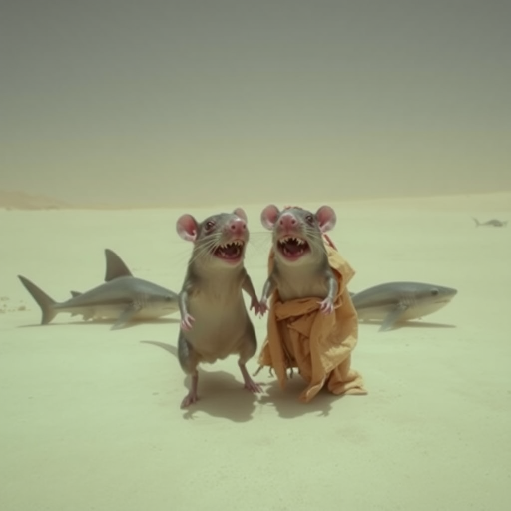 A rat wedding being attacked by hammerhead sharks, no text, Lovecraftian, in India, in desert