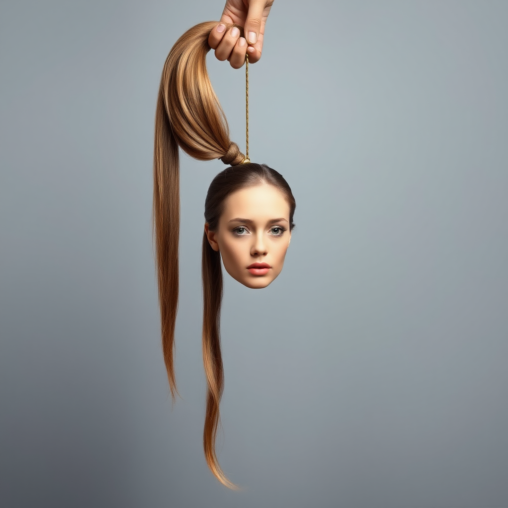 Surreal image of a very long haired woman's beautiful disembodied head hanging by her very long hair. Her very long hair is gathered at the top of her head into a long ponytail that stretches upward into a grasped hand. Plain gray background.