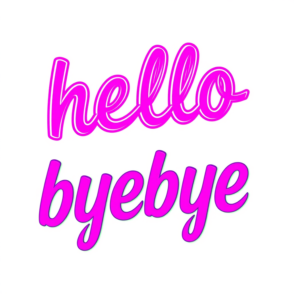 A modern tshirt design that reads both "hello" and "byebye". it is shockingly colorful with vibrant pinks and neon greens. the image has a blank white background.