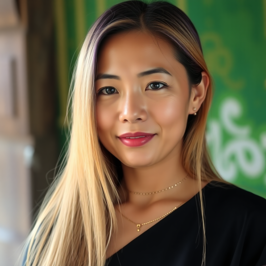 A 45 year young North-East Thai woman with gold and violet colored long straight hair and a fine gold chain.