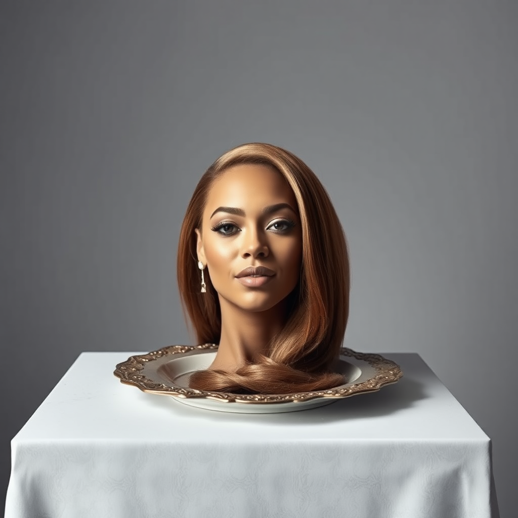 In a surreal and striking scene, the elegantly styled disembodied head of a stunningly beautiful Beyoncé rests gracefully on an ornate, luxurious plate, which is carefully placed on a simple, understated table. Her very long, flowing hair cascades like a rich waterfall of silky, rich brown locks, framing her exquisite face and accentuating her radiant, flawlessly glowing skin. The delicate contours of her chin rest lightly against the polished surface of the plate, lending an unexpected intimacy to the bizarre presentation.

The background is a muted, plain gray, casting an air of modern minimalism that contrasts dramatically with the lavishness of her appearance. Soft shadows play across her features, highlighting the subtle high cheekbones and perfectly shaped lips, which seem poised for a soft smile. The atmosphere feels both elegant and eerie, inviting intrigue and contemplation as viewers are drawn into this surreal artistic tableau, where beauty and the absurd collide in unexpected harmony.