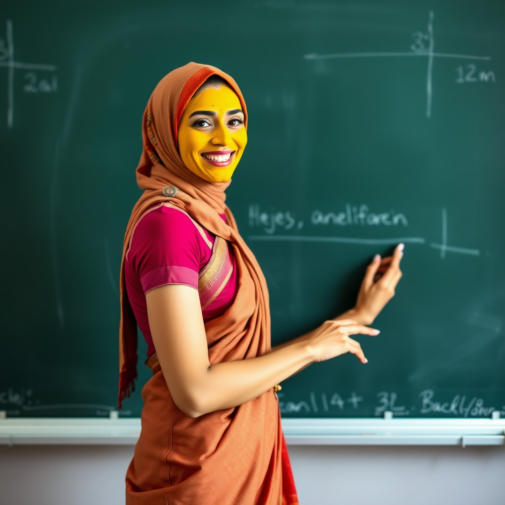 slim, 30 year old, sexy, french female school teacher, saree, scarf head, turmeric face mask. She is smiling and teaching on a blackboard