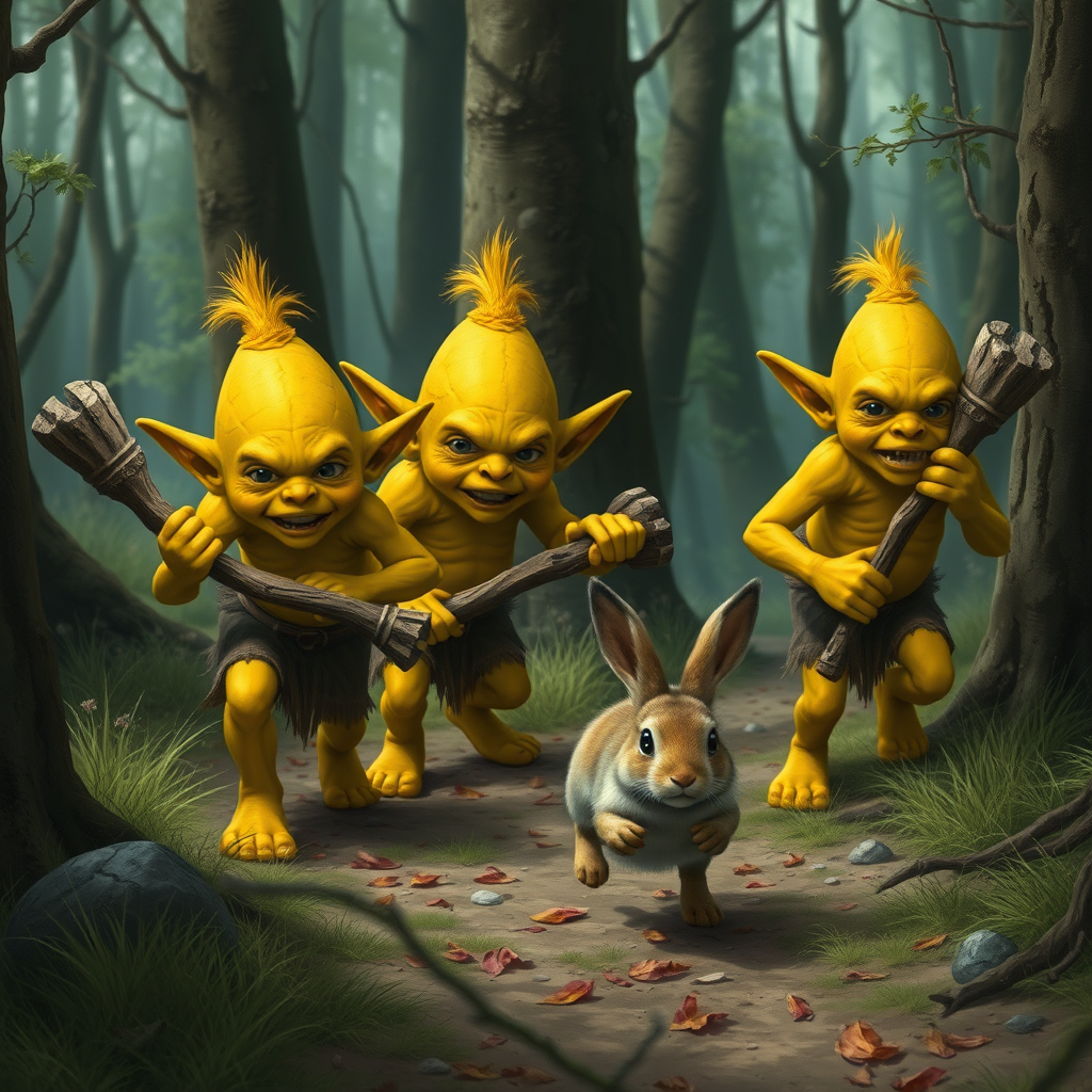 A realistic picture of several yellow goblins with wooden clubs looking at and chasing after a fleeing bunny along a forest path.