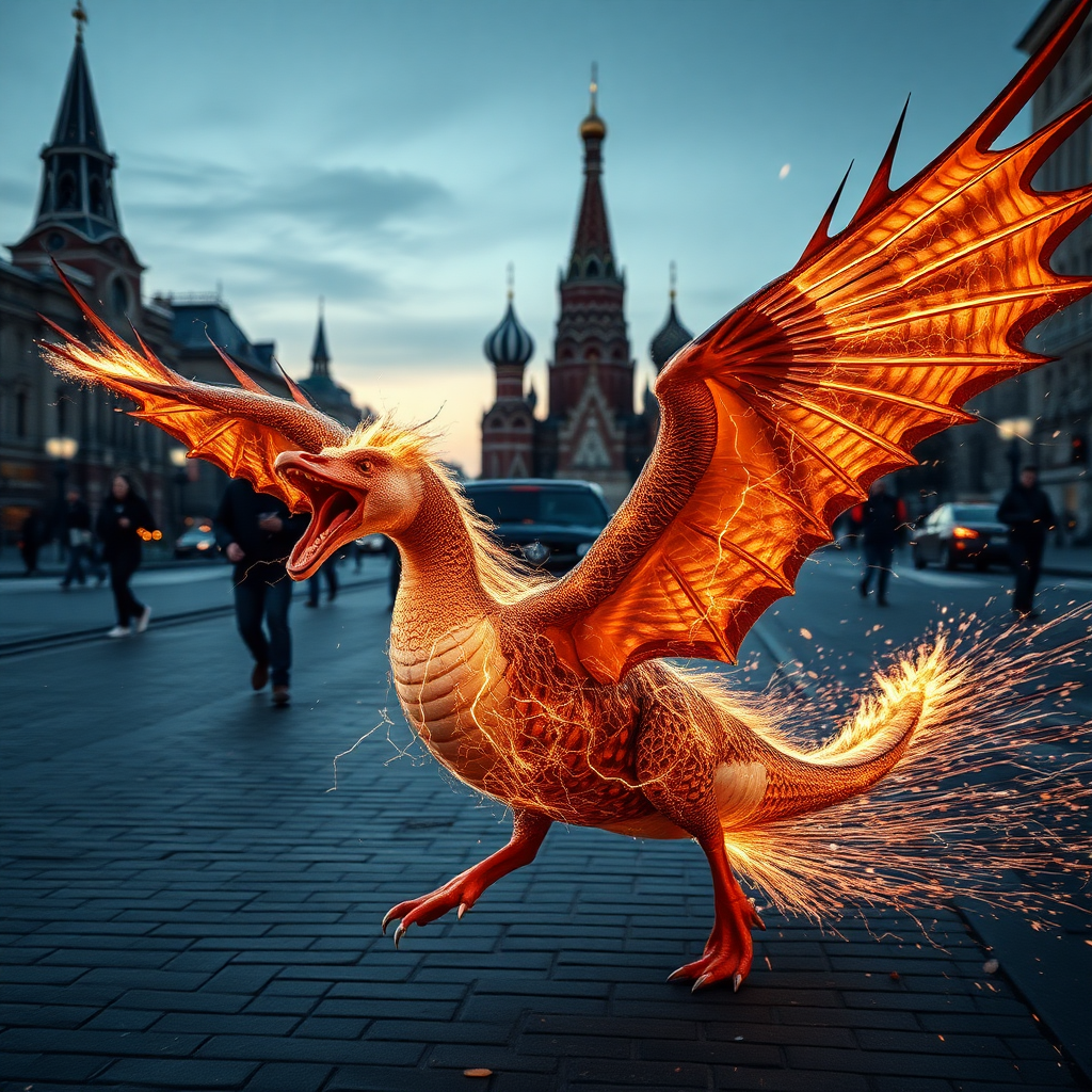 Electric Goose dragon hybrid attacking Moscow, news footage