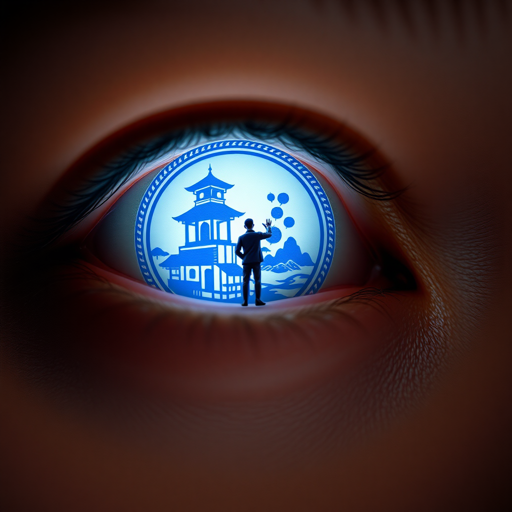 A close-up of eyes with lenses, The eye lens with traditional blue and white design Chinese blue white Design with a miniature man, trying to jump inside the lens looking like well. The composition emphasizes the eyes and its design, with flash light, focused lights, looking up, 16k, photorealistic, very closeup, soft skin texture visible.