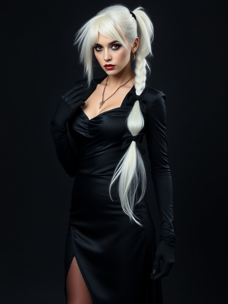 mature adult woman, skinny and tall, long legs, large shoulders, teardrop saggy small breast, long asymmetric undercut layered white hair, side swept bang, long white ponytail tied with a black lace, beautiful detailed face, piercing red eyes with intricate iris details, looking at the camera with a serious expression, wearing gothic style, black silk long sleeve top, black silk long skirt, black pantyhose, black gloves, black ankle boots, standing in a fierce pose with her head held high