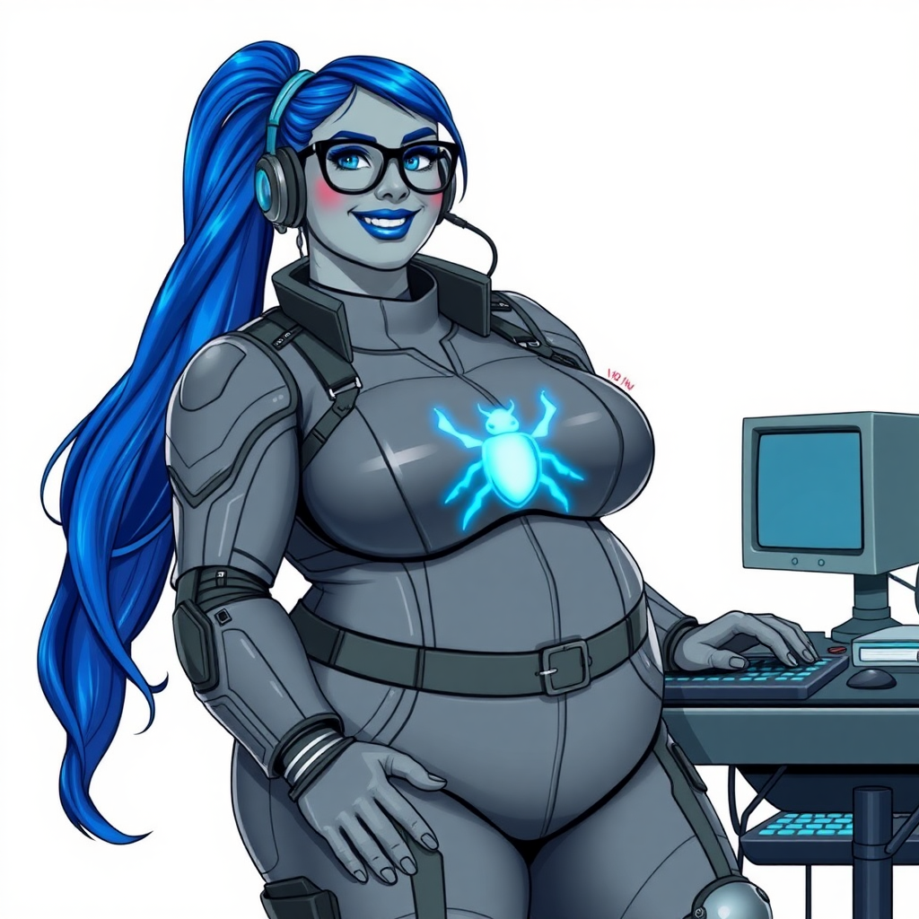 A nerdy, full-figured middle gray-skinned 29-year-old computer program hybrid with a long, maximum blue ponytail. She wears maximum blue lipstick and has bright blue eyes. Her outfit includes a digital, computerized, middle gray biker suit featuring a neon blue glowing beetle chest icon. She sports a sapphire headset and black eyeglasses, with a beaming smile and neon red blush. Her full figure reflects the doting care of her vigilante boyfriend. As his tech expert, she works diligently at her lab table in their hideout. The background is solid white. She has a prominent, gargantuan, round midsection, titanic limbs, and broad shoulders. Her middle gray metallic skin highlights her digital nature. She is drawn as if she was in a retro 2D cyberpunk fighting game.