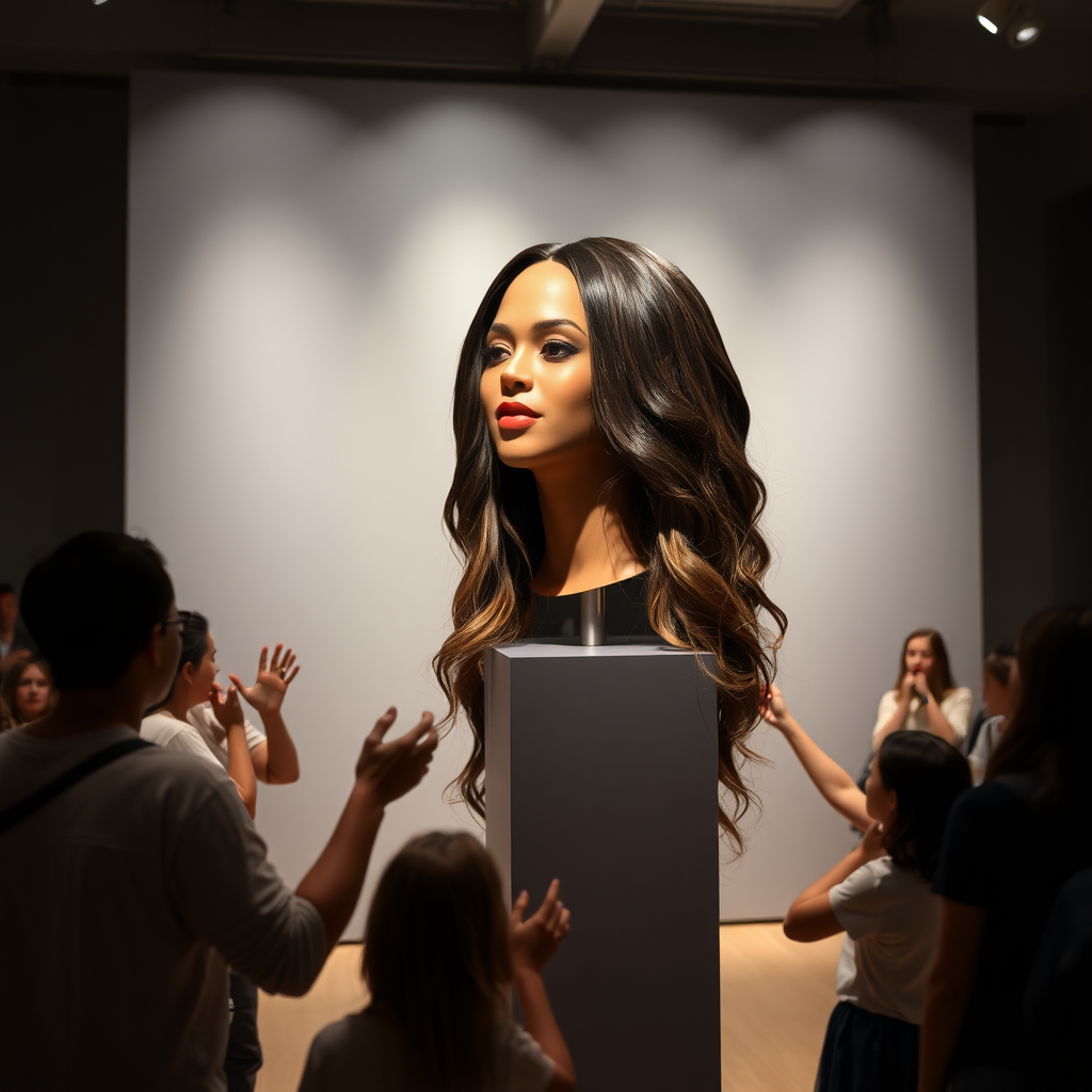 In an enchanting art gallery, a mesmerizing interactive performance art exhibit unfolds, highlighting the stunningly beautiful, very long-haired disembodied head of Beyoncé, elegantly showcased atop a sleek, polished stand. The room is brightly lit, with soft, focused spotlights illuminating her radiant features, accentuating her glossy, flowing hair that cascades down like a waterfall of dark silk. The backdrop is a minimalist, plain gray canvas that expertly contrasts with the vibrant strands of her hair, drawing every eye to the captivating spectacle.

Visitors meander through the space, their fingers twitching with excitement as they gingerly reach out to stroke and style her luxurious locks. The atmosphere buzzes with anticipation and playful fascination, as hushed whispers of admiration ripple through the crowd. Every graceful movement within the gallery is accompanied by a soft rustling of hair as people explore the tactile delight of this extraordinary centerpiece, creating a blend of art and intimacy. The air is alive with a sense of wonder and curiosity, inviting each participant to engage in a whimsical dance of interaction and creativity amidst this unconventional celebration of beauty and artistry.