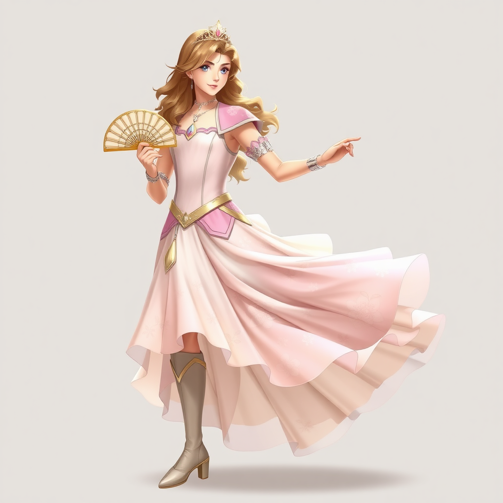 Name: Prince Aelion  
Gender: Male (feminine presentation)  
Age: 17  
Clothes: Prince Aelion wears a flowing, pastel-colored gown adorned with delicate floral patterns. The gown has a fitted bodice and a layered skirt that sways gracefully as he moves. He accessorizes with a sparkling tiara, delicate silver jewelry, and soft, knee-high boots. His long hair is styled in loose waves, and he carries a small, ornate fan that he uses to express his emotions.