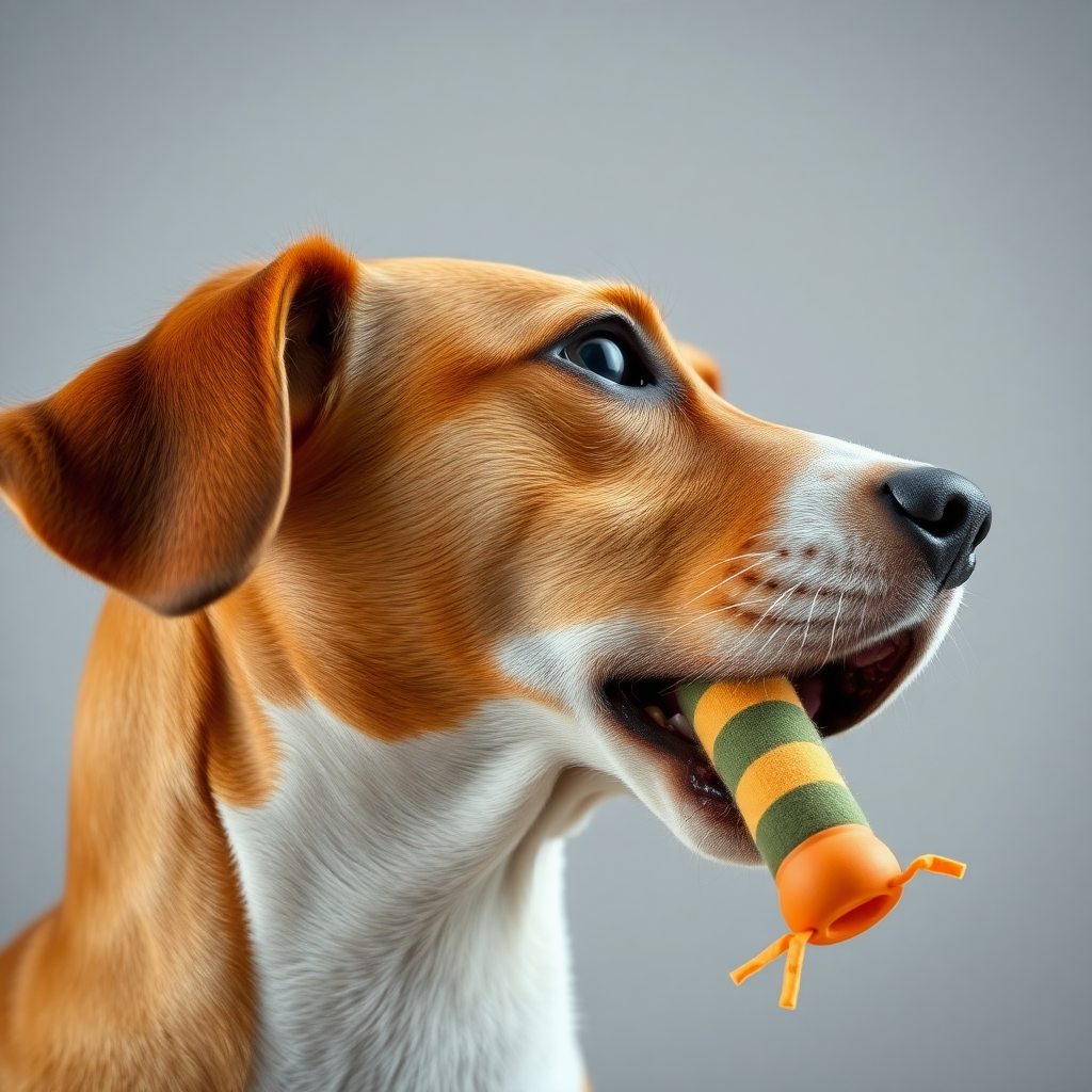 A dog biting a toy, close-up shot, side view of the head, stretching its neck, looking up. open the mouth, opaque