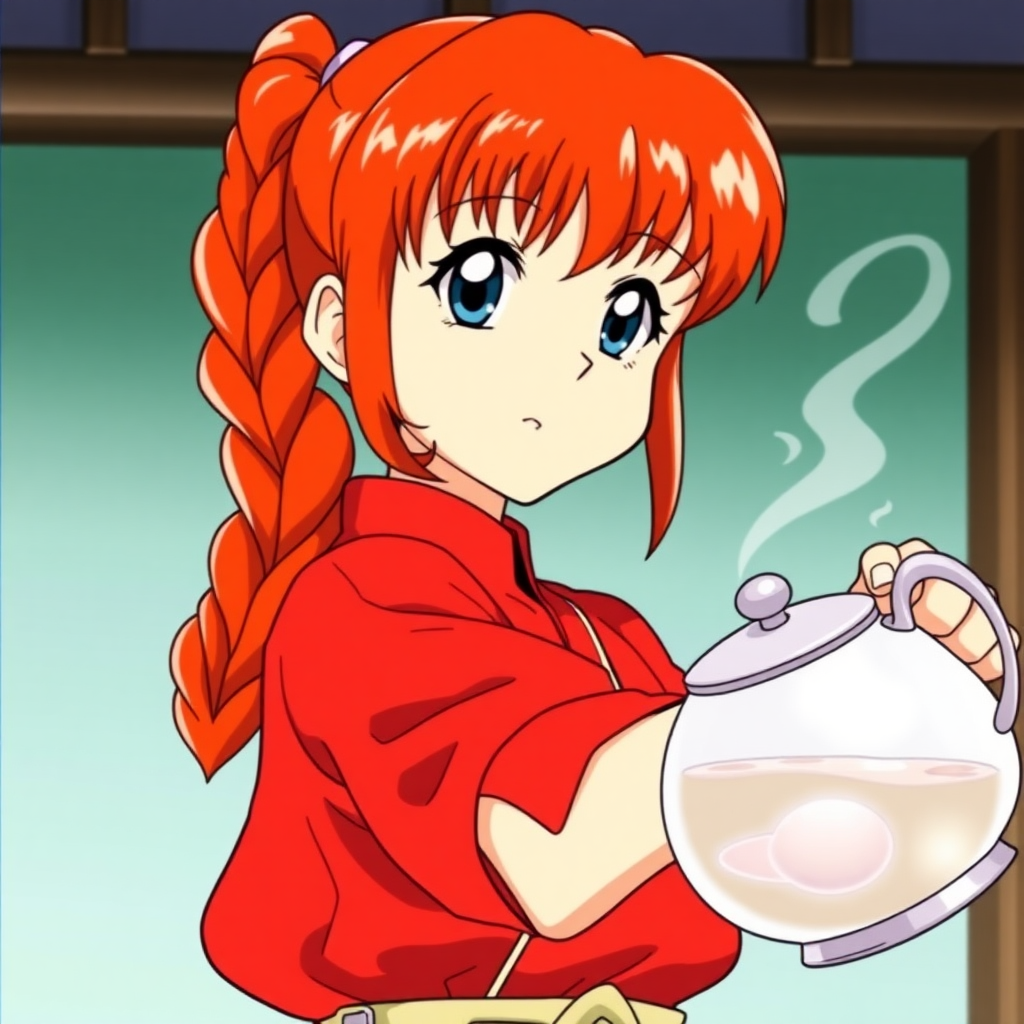 Ranma Saotome from the series Ranma 1/2 is a red-haired girl with a braided ponytail about half as long as her head is wide, blue eyes; she usually wears a Chinese martial arts outfit.

Ranma is currently seen dodging a teapot filled with hot water.