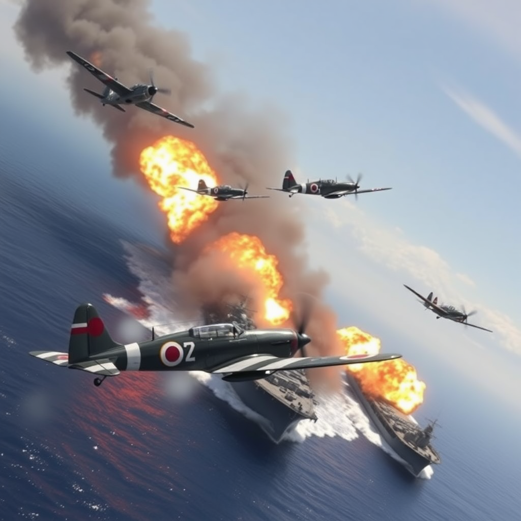 Japanese Zero fighter jets bombed US warships at Pearl Harbor, causing them to be hit and set on fire, super realistic