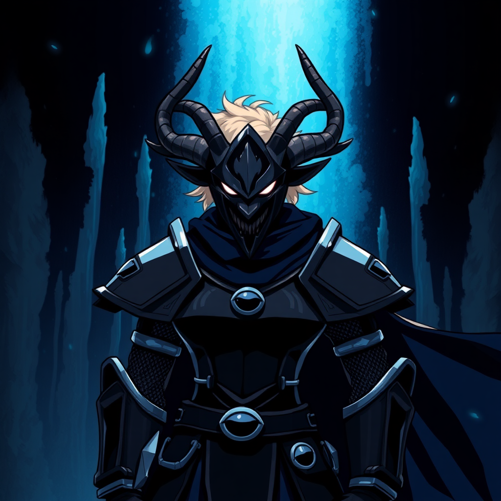 (Anime-pixel art) background of a massive blue-black-dark fountain erupting into the air, a fierce and violent knight stands poised for battle. She wears sleek, black knight armor, marked by a small white eye symbol at its center, exuding an air of intimidation. Her face is obscured by a terrifying goat-like mask, with a single glowing white eye on the right, and another white eye symbol perched at the top of the mask, adding to her menacing presence. The knight's imposing silhouette is accentuated by two large, dark-silver shoulder guards that gleam ominously in the darkness. Draped behind her is a flowing dark-blue cape that billows dramatically, hinting at her formidable power. Atop her head, two impressive deer antlers rise, further enhancing her fearsome appearance, while her short, tousled blonde hair peeks out from beneath the mask. This is the Roaring Knight, known as Mayor Holiday from Deltarune, captured in a striking full-body view that highlights both her ferocity and enigmatic allure.