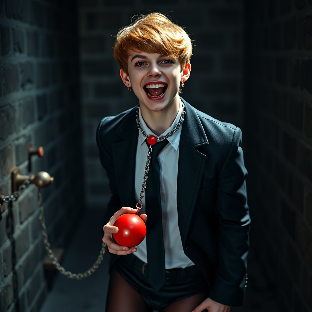 photorealistic, ultra high resolution, 16K, surreal fantasy, soft studio lighting, Tyler Swift is a pretty 18 year old goth male, slim male physique, auburn hair, goth makeup, earrings, shiny black pantyhose, school uniform shirt tie and blazer, Mary-Jane shoes, spikey neck collar chain and leash, red ball-gag, in a dungeon, the end of the leash is chained to the wall, in daylight, excited open mouth smile, drooling a stream of saliva, facing the camera.