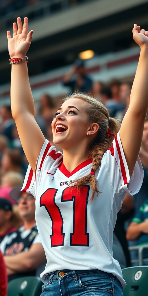 Attractive female NFL fangirl, pigtail hair, jersey, wildly cheering, in the bleacher crowd