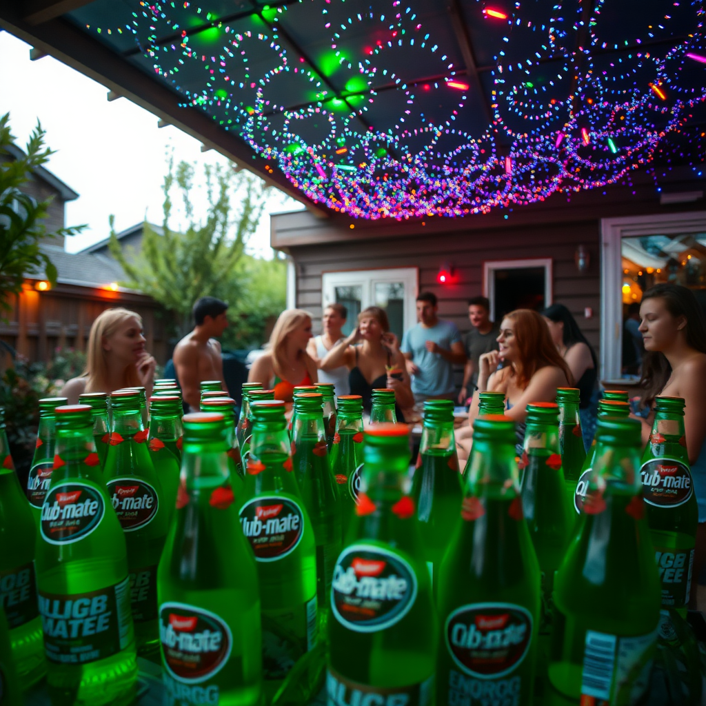 House party in the garden with lots of "club-mate" energy drink bottles, underneath a roof that breathes because all party people are high on psychedelics.