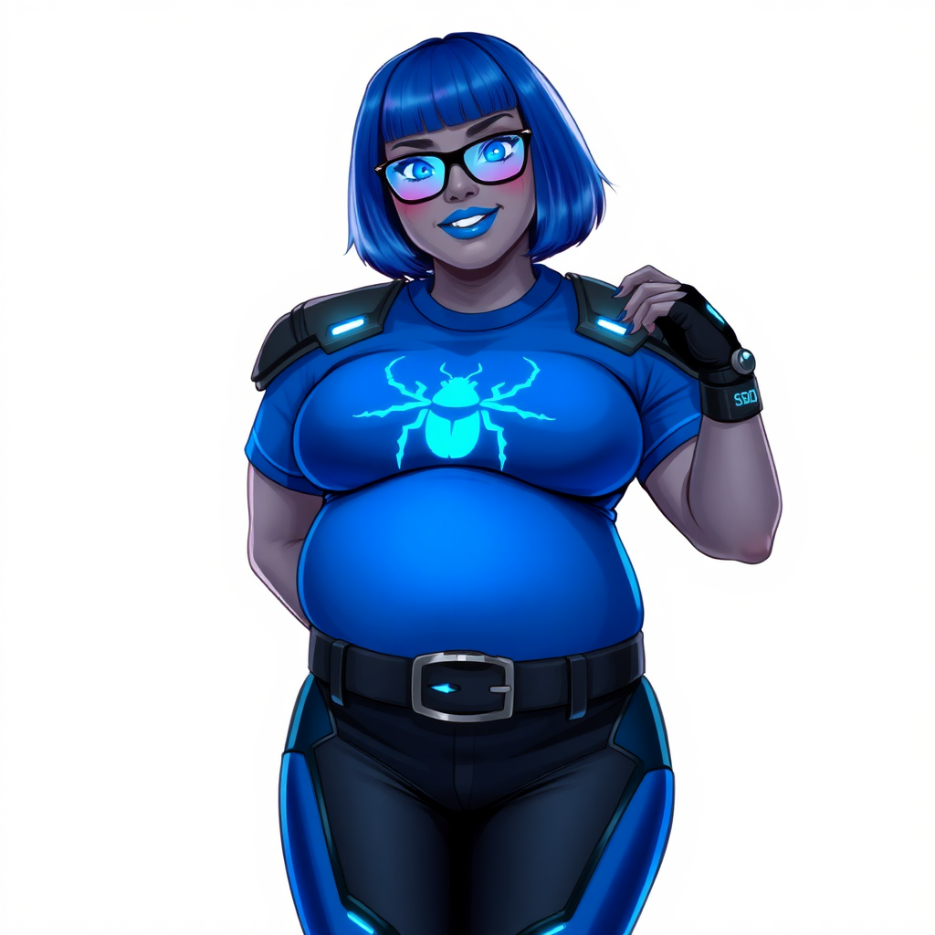 A 28-year-old, full-figured, middle gray skinned computer program hybrid with a maximum blue bob cut. She has a non-athletic build, highlighted by a prominent, round, large midsection (with emphasis on her large belly), which shows the aftermath of her pampering. As the heavily pampered digital sidekick to her cyberpunk vigilante boyfriend, her middle gray metallic skin and maximum blue lipstick emphasize her digital nature. She wears a digital, computerized costume inspired by DC’s Carrie Kelly Robin, consisting of a huge, tight-fitting, maximum blue t-shirt with a neon blue glowing chest icon of a beetle, hi-tech shoulder pads with neon blue accents, a black hi-tech belt with a digital neon blue glowing buckle, digital maximum blue pants with neon blue accents, and black hi-tech fingerless biker gloves with neon blue glowing accents. Her neon blue glowing eyes, black eyeglasses with a neon blue glowing HUD built into the lenses, and shy smile with neon red blush accentuate her nerdiness. She stands bashfully with one hand behind her back and the other hand gently touching her cheek, her costume covering all her skin and emphasizing her full-figured physique (especially her belly). She is clearly non-athletic, with a heavy focus on her large belly. Despite her build, she radiates beauty. She has a slim face compared to her physique, accentuating her radiant beauty. She is on a solid white background. She is drawn as if she were in a retro 2D cyberpunk fighting game.