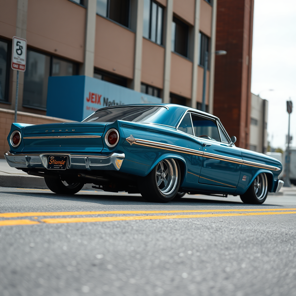 The drag car is parked on the side of the road, inspired by Taiyō Matsumoto, tumblr, restomod, nd4, c4 metallic shine classic american low rider custom ford