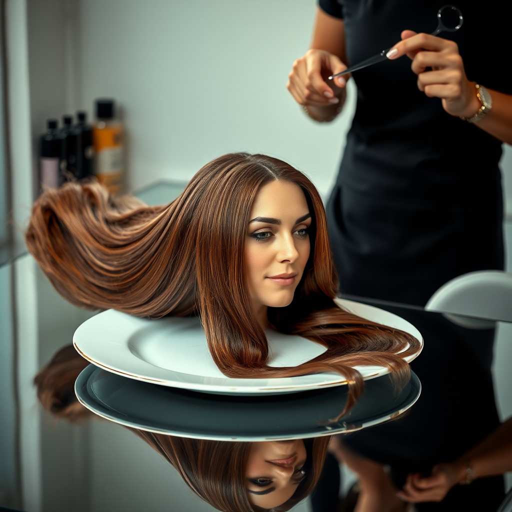 In a bizarre, surreal tableau, the polished surface of an elegant dining plate cradles the disembodied head of a strikingly beautiful Kate Middleton, her long, flowing hair cascading like a glossy waterfall of deep chestnut and honey highlights. The hair is luxuriously arranged, strands shimmering under the soft, ambient light that bathes the scene in an ethereal glow.

A skilled hairdresser, clad in a sleek black apron, stands poised with a pair of gleaming scissors, carefully trimming the endlessly luxurious locks that frame Kate's serene, almost ethereal features. The air is thick with the scent of salon products mingling with delicate hints of floral fragrances, creating an unusual yet strangely inviting atmosphere. The hairdresser's focused expression reveals a meticulous dedication as snippets of hair fall gracefully onto the pristine plate, echoing a sense of both artistry and absurdity.

The overall emotional tone conveys a dreamlike quality, inviting viewers to ponder the juxtaposition of beauty, identity, and the bizarre circumstances that bind them in this extraordinary moment.