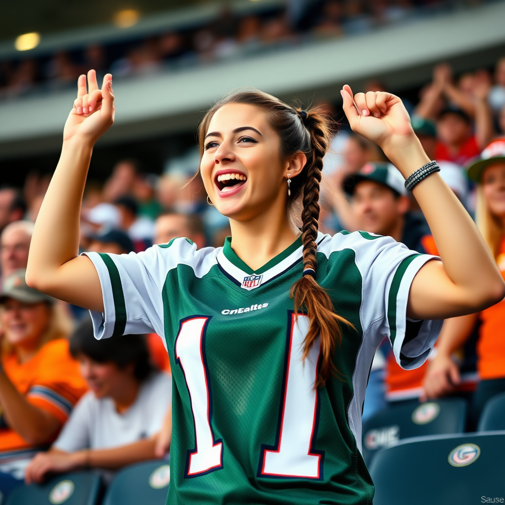 Attractive female NFL fangirl, pigtail hair, jersey, wildly cheering, in the bleacher crowd