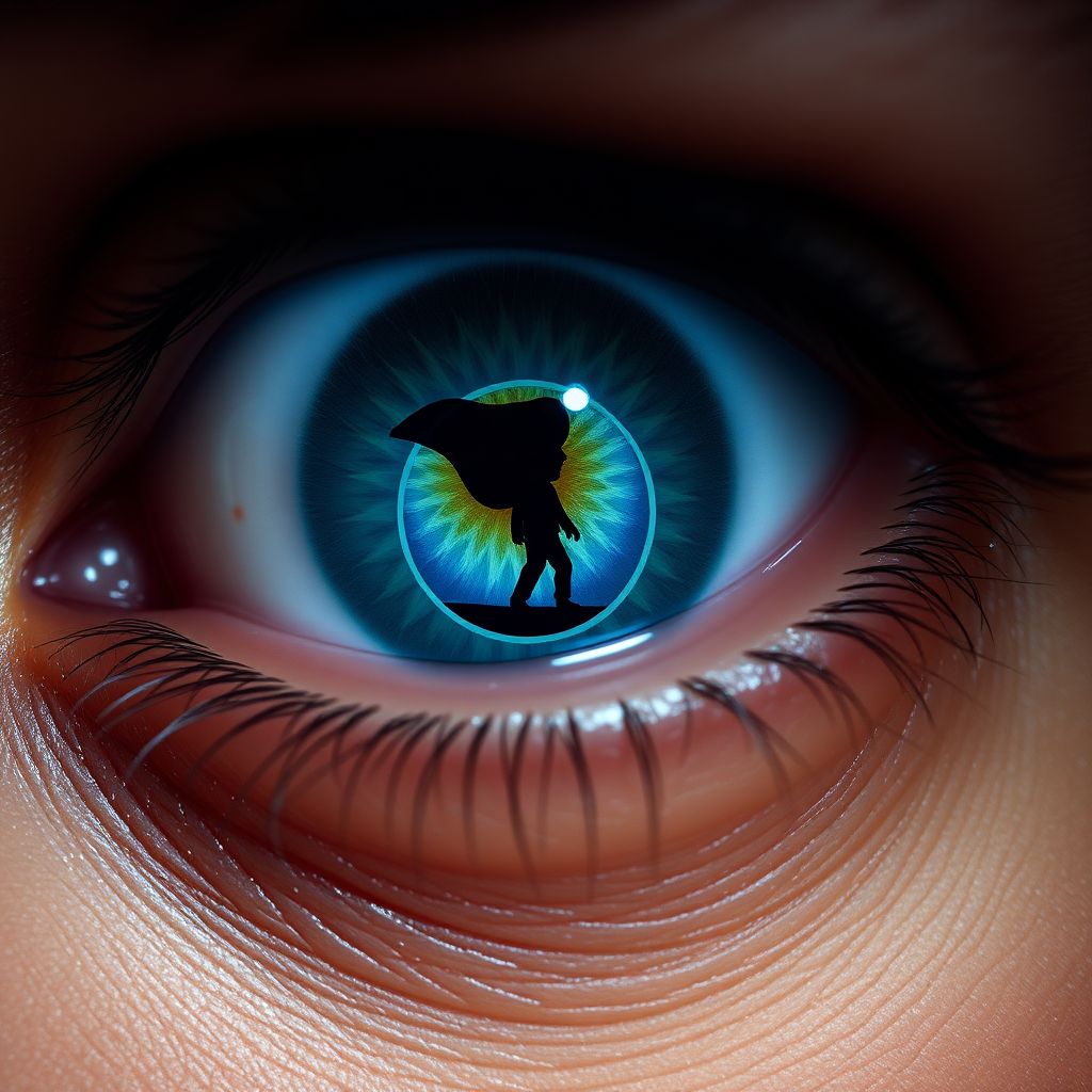 A close-up of eyes with lenses, with clear skin texture visible. The eye lens has a traditional blue and white design with a miniature man, trying to jump inside the lens looking like well. The composition emphasizes the eyes and its design, dark backdrop, with focused light.