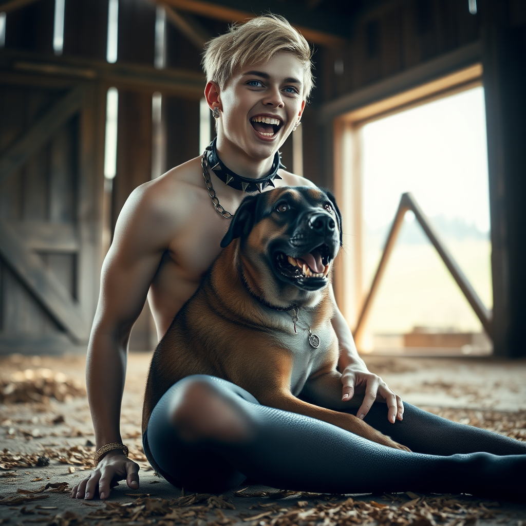 photorealistic, ultra high resolution, 16K, surreal fantasy, soft studio lighting, Caleb Swift is a pretty 16 year old goth male , slim male physique, blonde hair, blue eyes, goth makeup, earrings, glittering black pantyhose, spikey neck collar with chain that is connected to barn wall, on the floor of the barn straddling a large dog, during daytime, excited open mouth smile, small black ball-gag, drooling a stream of saliva from his mouth, bulging crotch, full body in wide view from side with Tyler facing the camera.