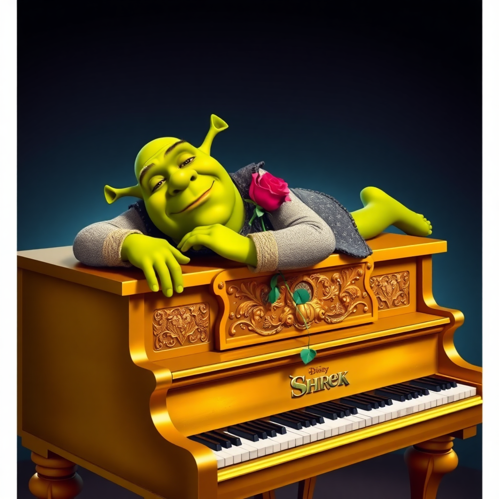 Shrek is laying on the top of a golden grand piano with a rose in his mouth.