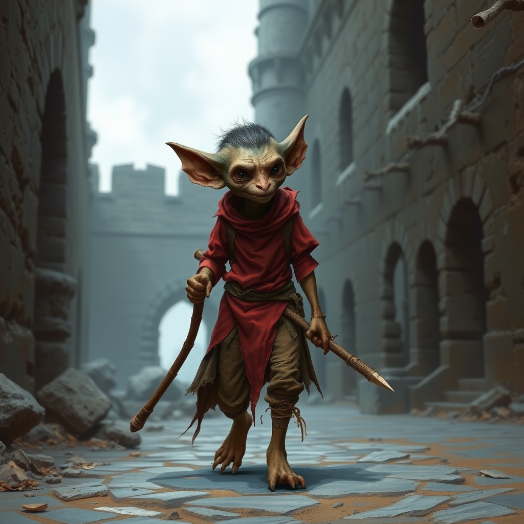 A small, skinny kobold in a tattered red tunic and dirty brown pants wearing a quarterstaff on his back as he walks through a ruined castle.