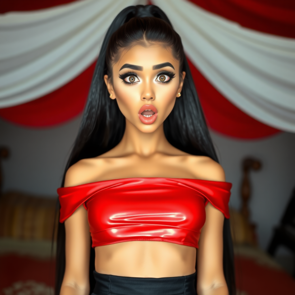 surprised Arabian girl with mouth open. She has very large eyes, black eyeshadow, black eyeliner, fake eyelashes, very tanned skin, very long hair. very high ponytail, red off shoulder shinny crop top. photo realistic, long straight black hair. crop top, pencil skirt, micro skirt, long legs.