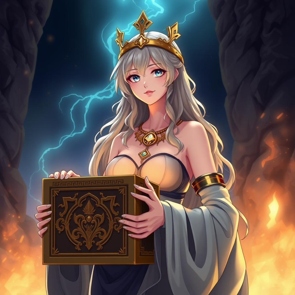 Pandora, greek mythology, anime style, clothed, with her box